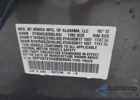 2013 Honda Ridgeline Rt from USA, damaged, VIN 5FPYK1F24DB004045